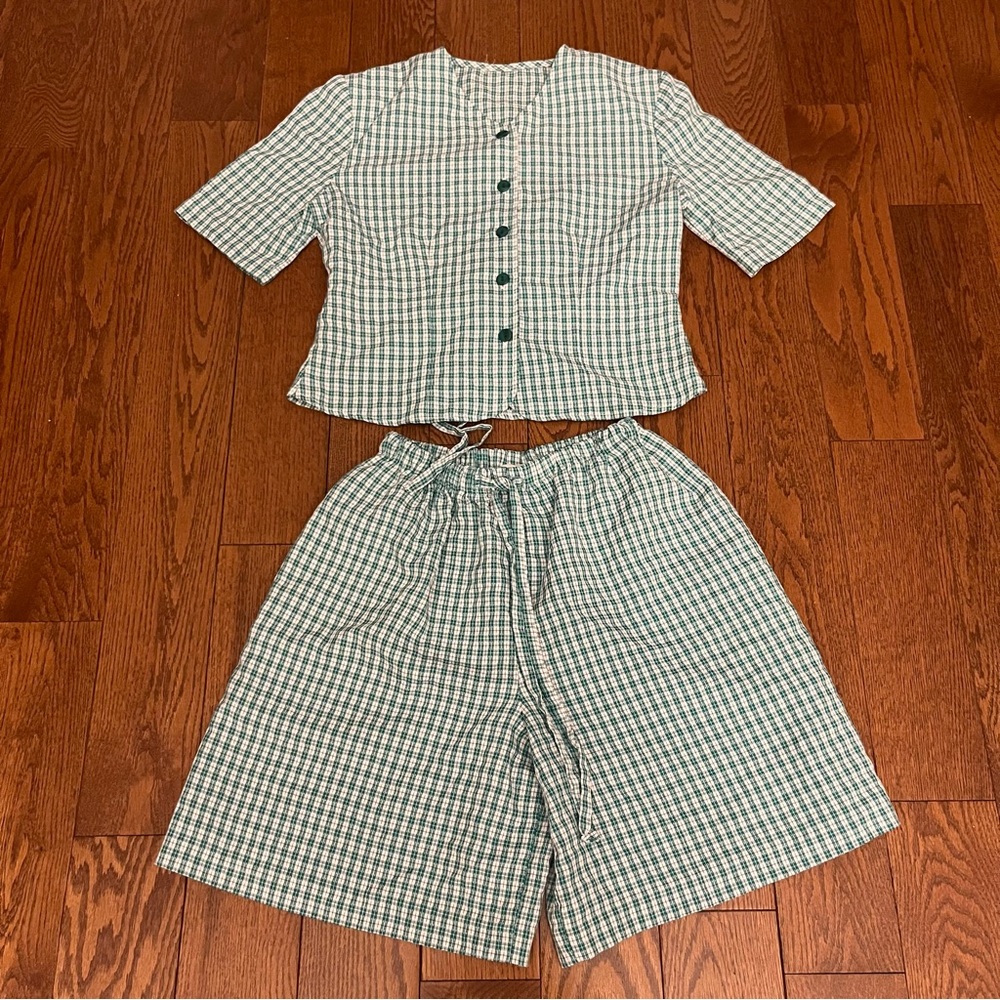 VTG 90’s Cottagecore Gingham Picnic 2-Piece Green Top Shirt Matching Co-ord 6